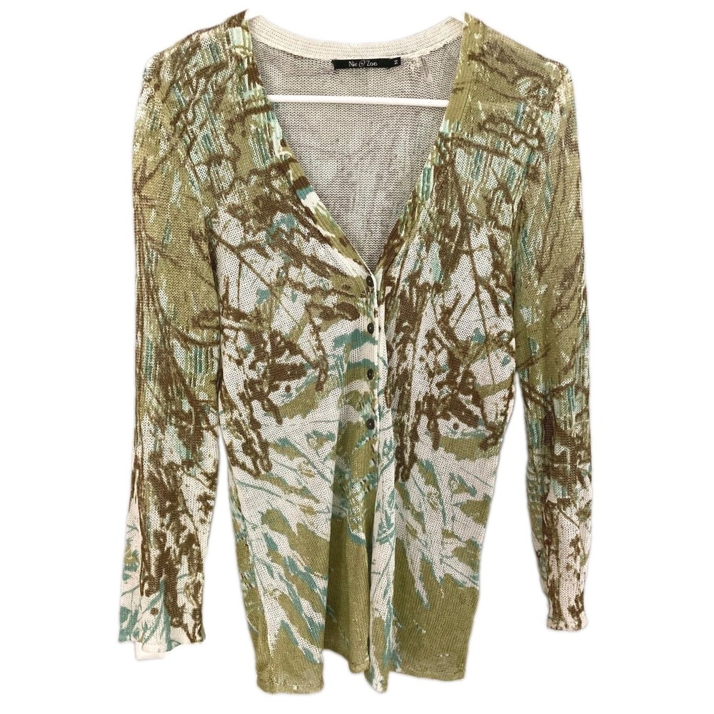 NIC+ZOE Cardigan Sweater Women M Abstract Vneck Linen Blend Knit Button Up EUC